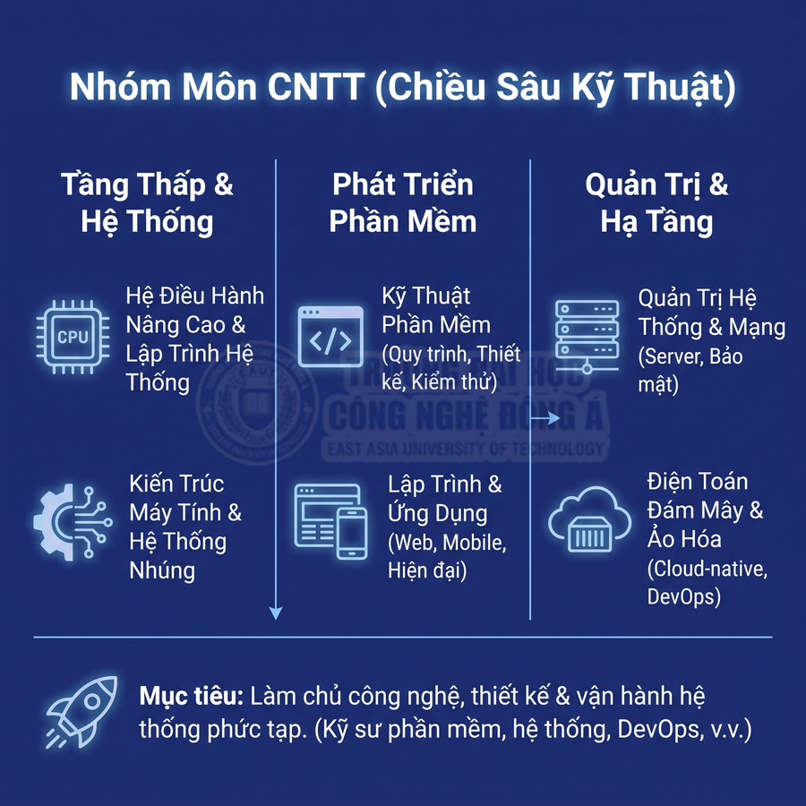 Nhóm môn CNTT chi tiết các chuyên ngành hệ thống, phát triển phần mềm, quản trị mạng và điện toán đám mây