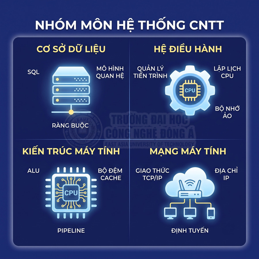 Nhóm môn hệ thống CNTT với các chủ đề cơ sở dữ liệu, hệ điều hành, kiến trúc máy tính và mạng máy tính