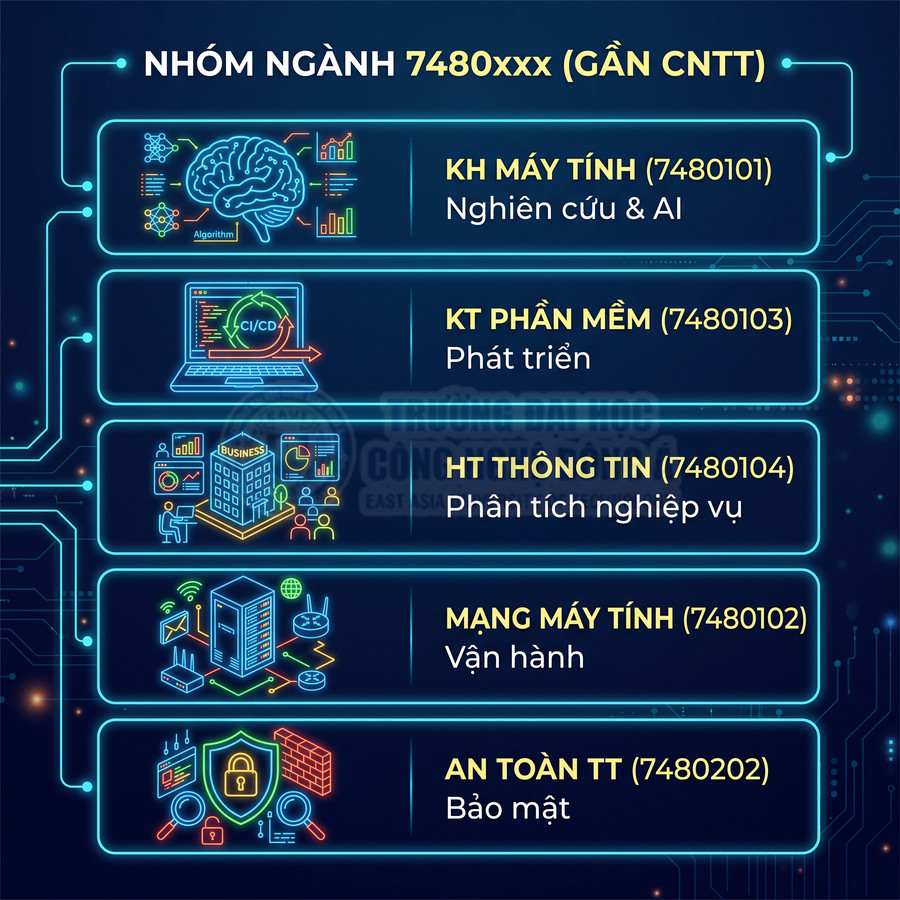 Nhóm ngành 7480 gần CNTT gồm khoa học máy tính, kỹ thuật phần mềm, hệ thống thông tin, mạng máy tính, an toàn thông tin