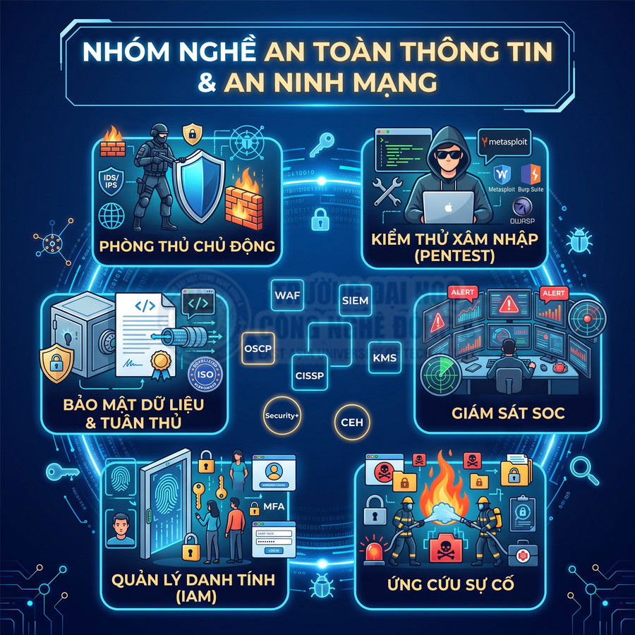 Các nhóm nghề an toàn thông tin và an ninh mạng như pentest, SOC, IAM, bảo mật dữ liệu và ứng cứu sự cố