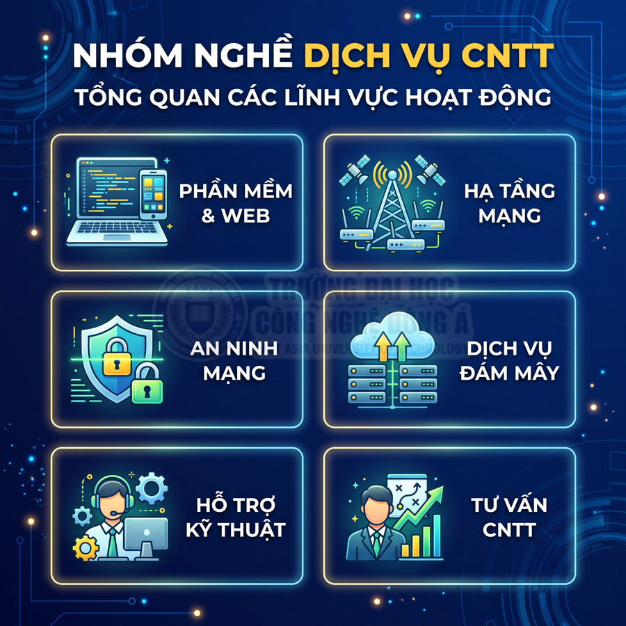 Nhóm nghề dịch vụ CNTT với các lĩnh vực phần mềm web, hạ tầng mạng, an ninh mạng, đám mây, hỗ trợ kỹ thuật, tư vấn