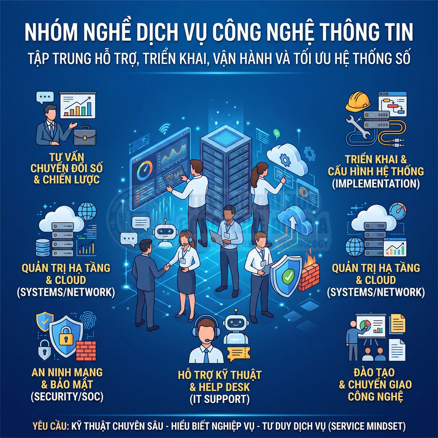 Nhóm nghề dịch vụ công nghệ thông tin với các mảng tư vấn, triển khai, quản trị hạ tầng, an ninh mạng và hỗ trợ kỹ thuật
