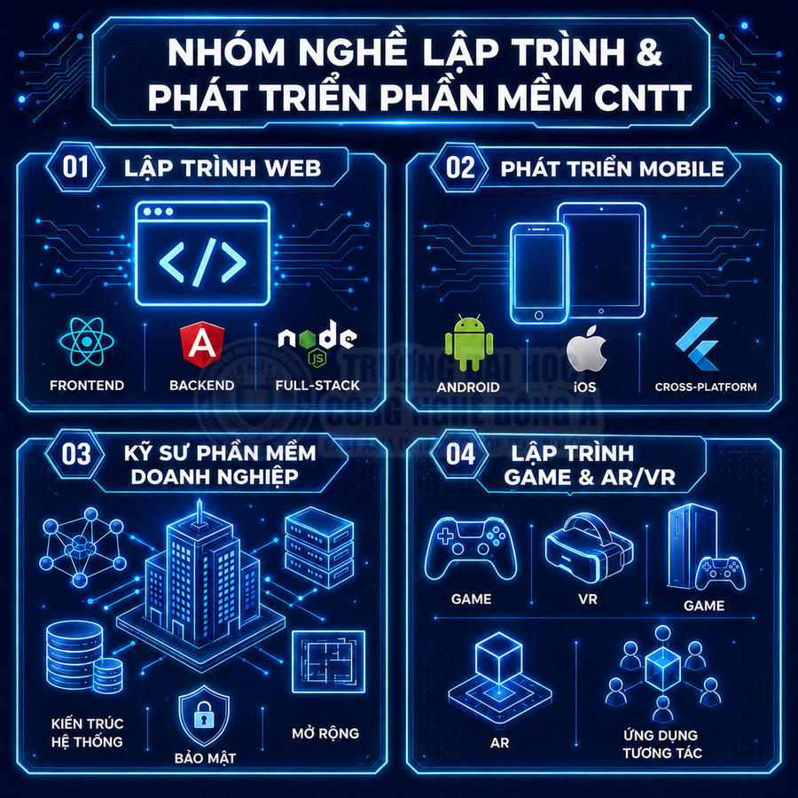 Nhóm nghề lập trình và phát triển phần mềm CNTT gồm web, mobile, doanh nghiệp, lập trình game AR VR
