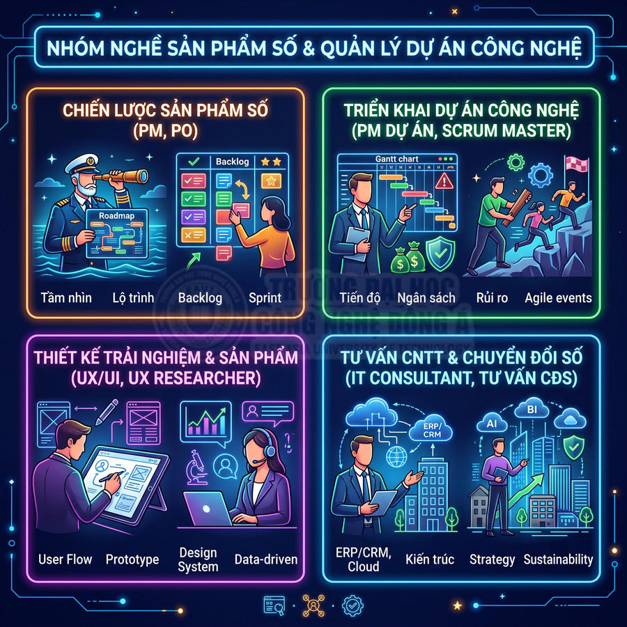 Minh họa các nhóm nghề sản phẩm số và quản lý dự án công nghệ như PM, UXUI, tư vấn CNTT, chuyển đổi số