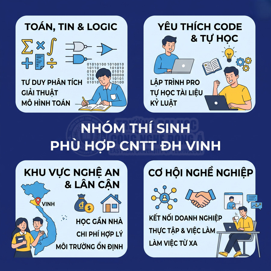 Nhóm thí sinh phù hợp ngành CNTT Đại học Vinh với ưu điểm tư duy logic, yêu thích lập trình và cơ hội nghề nghiệp tốt