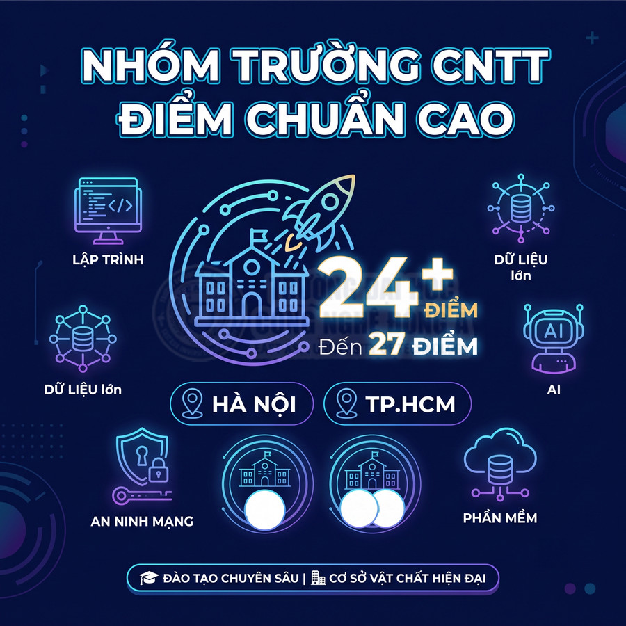 Infographic nhóm trường CNTT điểm chuẩn cao 24 đến 27 điểm với các ngành lập trình AI an ninh mạng dữ liệu lớn