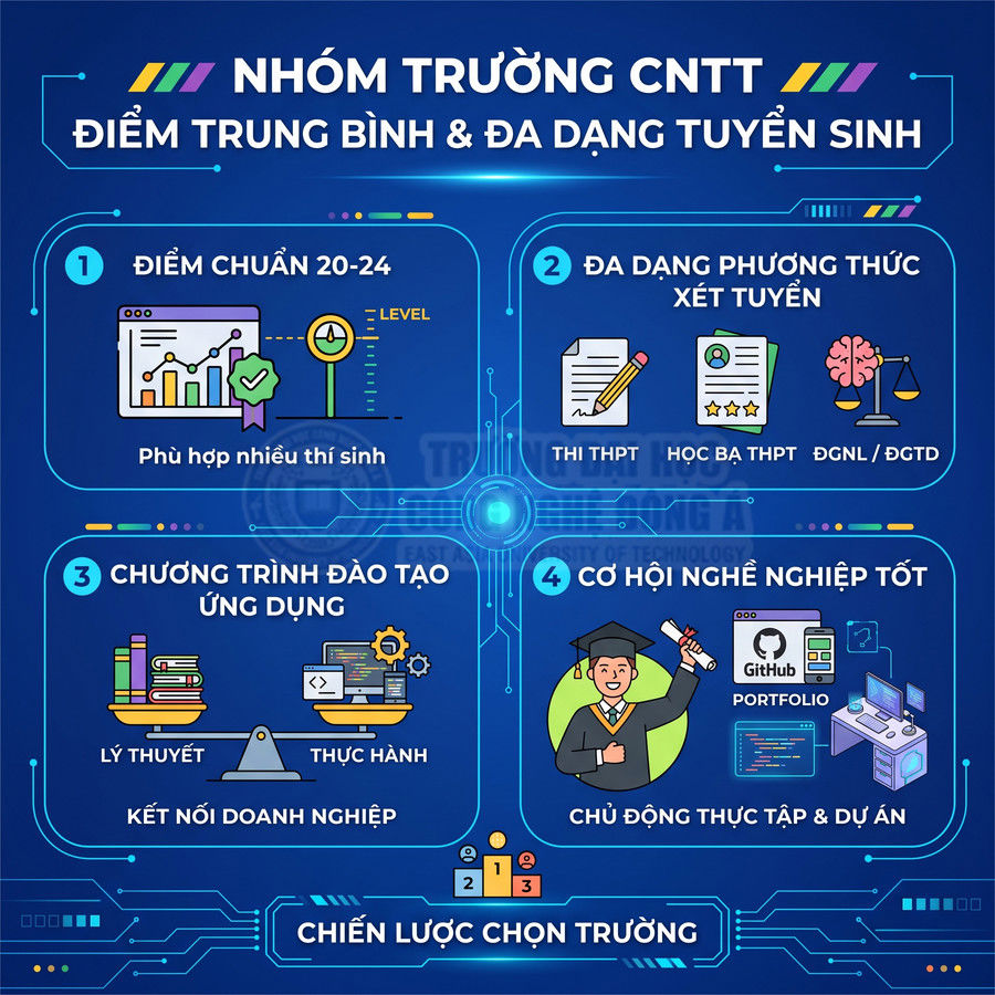 Infographic nhóm trường CNTT điểm trung bình, đa dạng tuyển sinh và cơ hội nghề nghiệp cho sinh viên