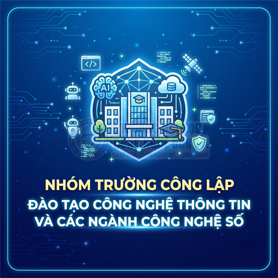 Nhóm trường công lập đào tạo công nghệ thông tin và các ngành công nghệ số với biểu tượng trường học hiện đại