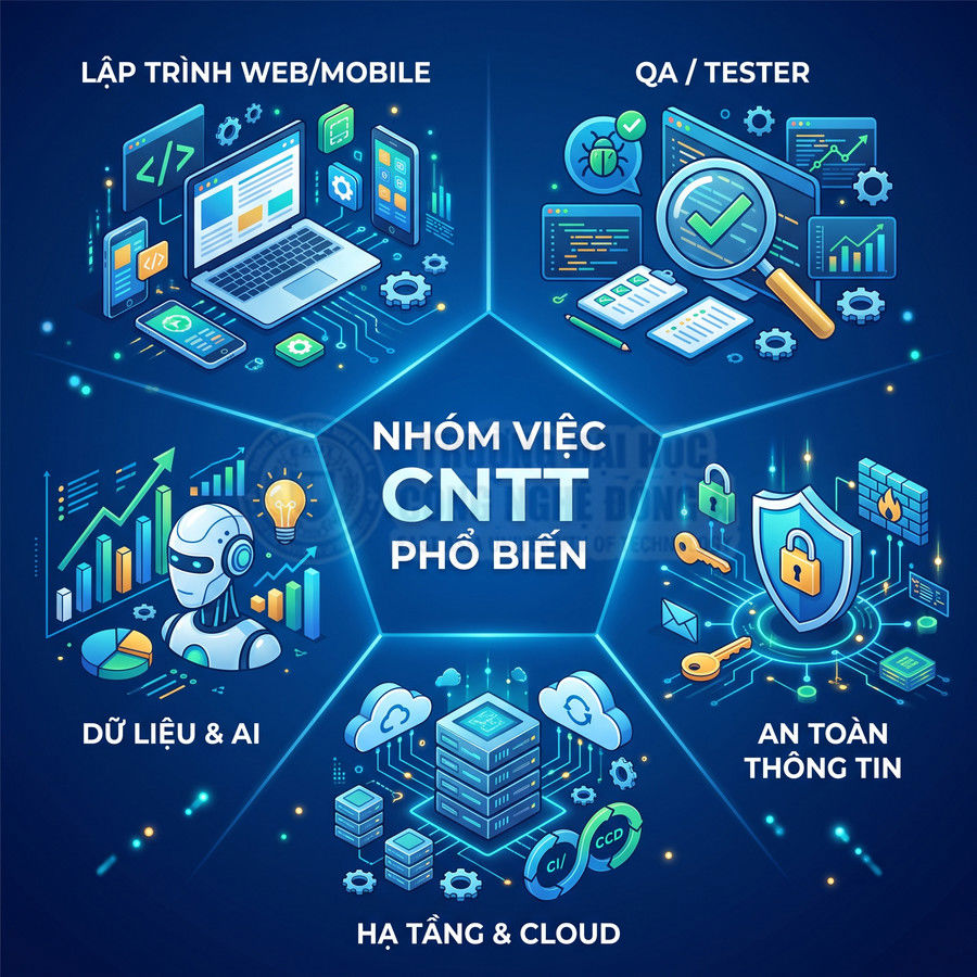Các nhóm việc CNTT phổ biến gồm lập trình web mobile, QA tester, dữ liệu AI, an toàn thông tin, hạ tầng cloud