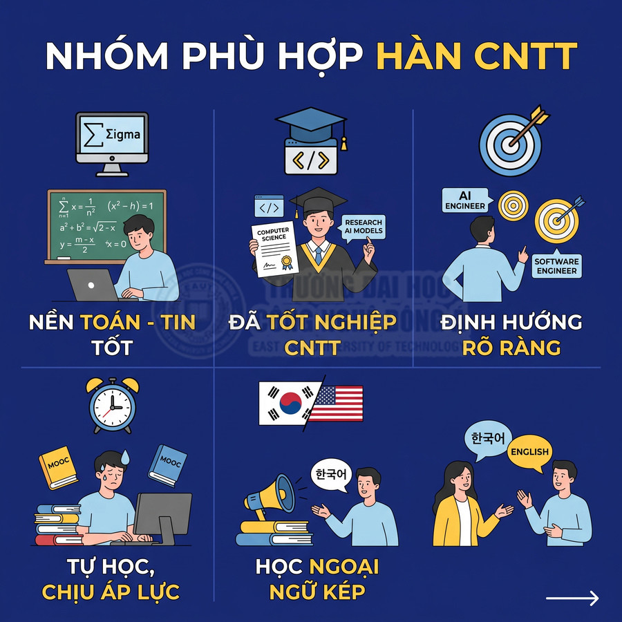 Nhóm sinh viên phù hợp ngành Hàn CNTT với nền tảng toán tin tốt, định hướng rõ ràng và học ngoại ngữ kép
