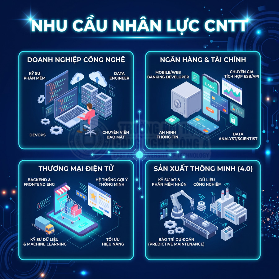 Infographic nhu cầu nhân lực CNTT với các vị trí trong công nghệ, ngân hàng tài chính, thương mại điện tử, sản xuất thông minh