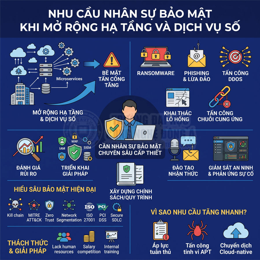 Infographic nhu cầu nhân sự bảo mật khi mở rộng hạ tầng và dịch vụ số, các mối đe dọa và giải pháp an ninh mạng