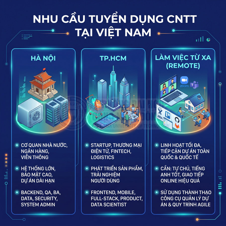 Infographic nhu cầu tuyển dụng ngành CNTT tại Việt Nam ở Hà Nội TP.HCM và làm việc từ xa