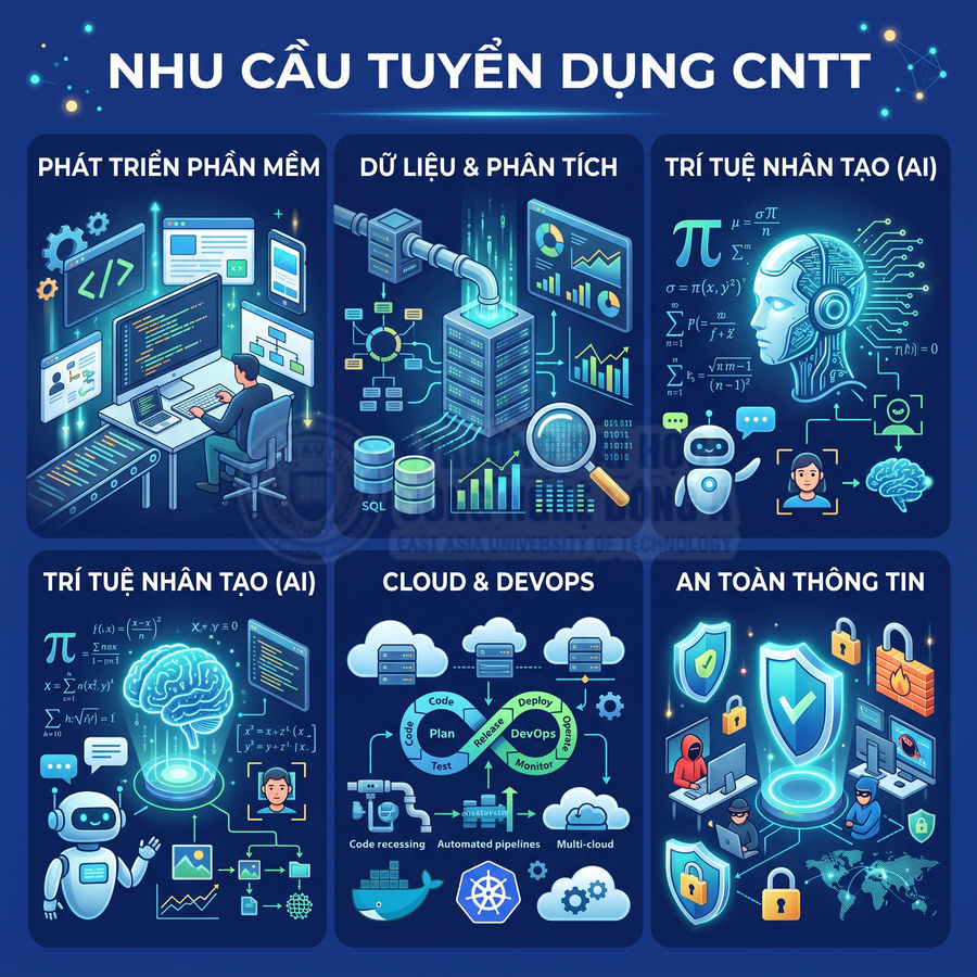Infographic nhu cầu tuyển dụng CNTT với các lĩnh vực lập trình, dữ liệu, AI, cloud DevOps và an toàn thông tin