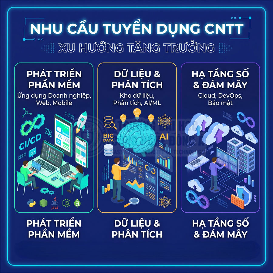 Infographic nhu cầu tuyển dụng CNTT với ba mảng phát triển phần mềm, dữ liệu phân tích và hạ tầng số đám mây