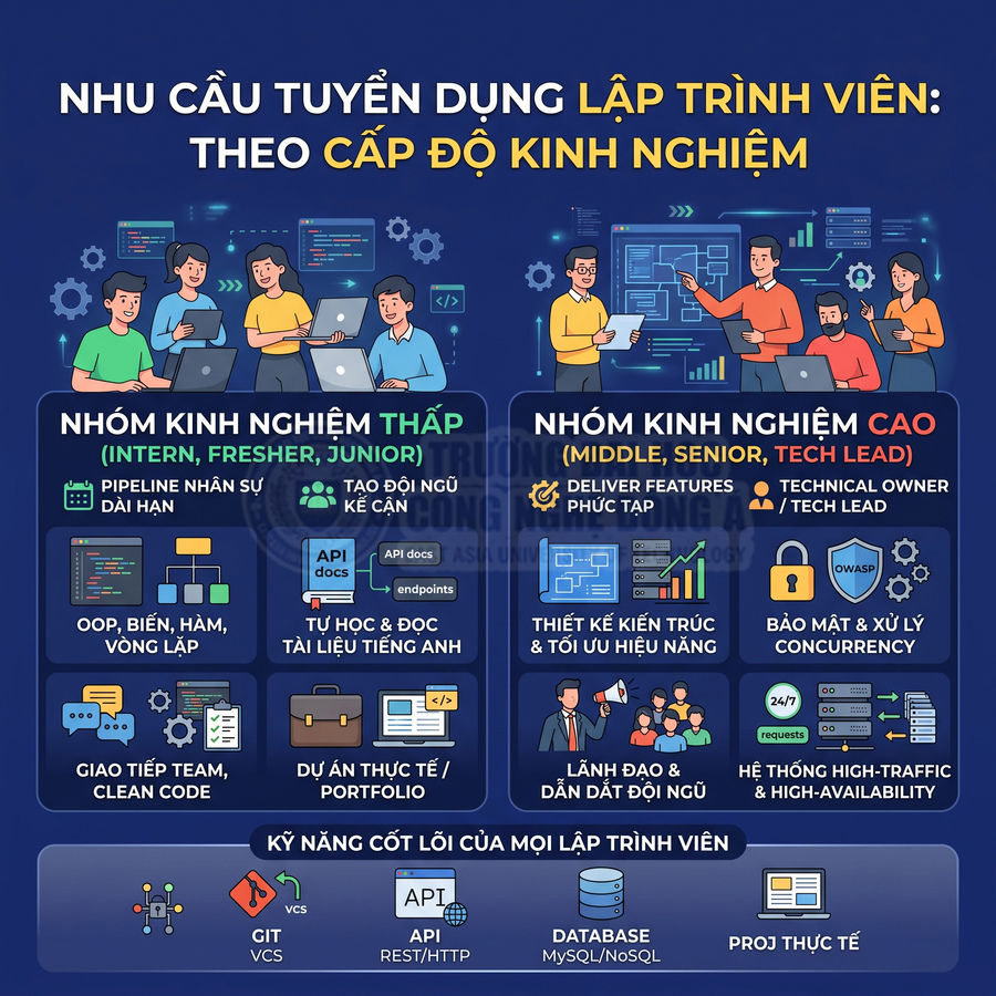 Infographic nhu cầu tuyển dụng lập trình viên theo cấp độ kinh nghiệm và kỹ năng cốt lõi cần có