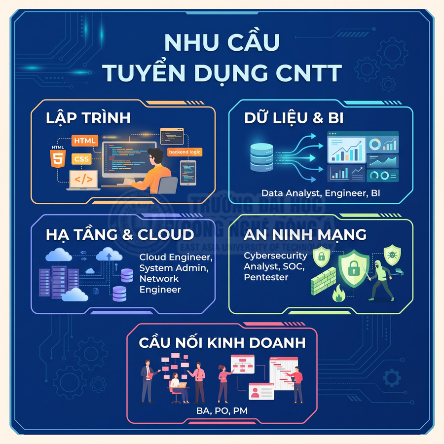 Infographic nhu cầu tuyển dụng ngành CNTT với các vị trí lập trình, dữ liệu BI, hạ tầng cloud, an ninh mạng, BA PO PM