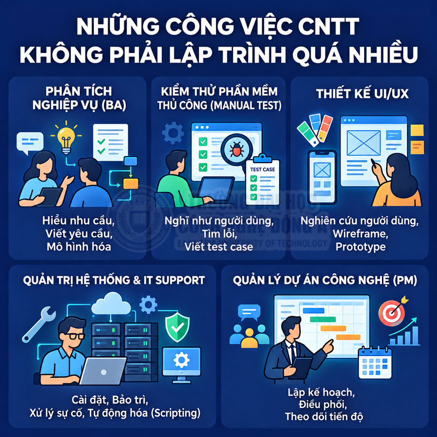 Các vị trí việc làm CNTT không cần lập trình nhiều như BA, tester, UI UX, IT support, quản lý dự án
