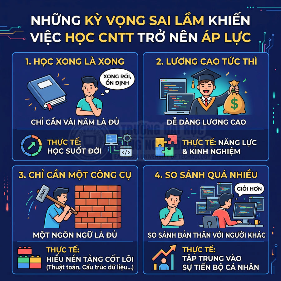 Infographic những kỳ vọng sai lầm khi học CNTT như học xong là xong, lương cao tức thì, chỉ cần một công cụ, so sánh quá nhiều