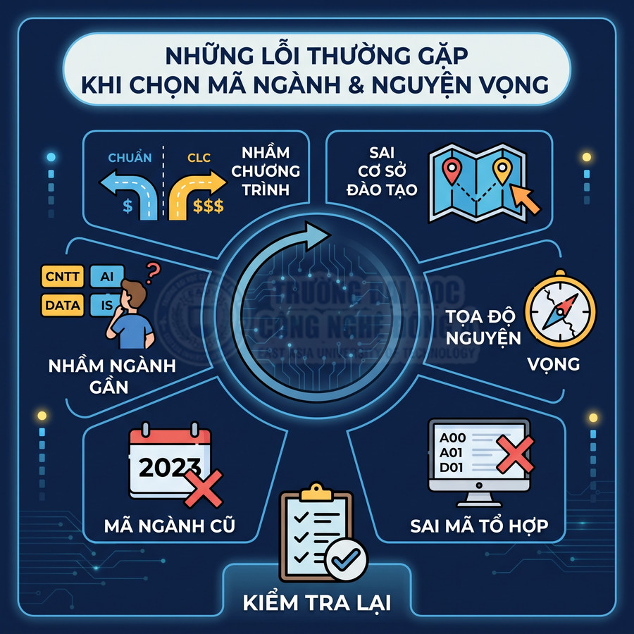Những lỗi thường gặp khi chọn mã ngành và nguyện vọng, nhầm chương trình, sai cơ sở đào tạo, sai mã tổ hợp