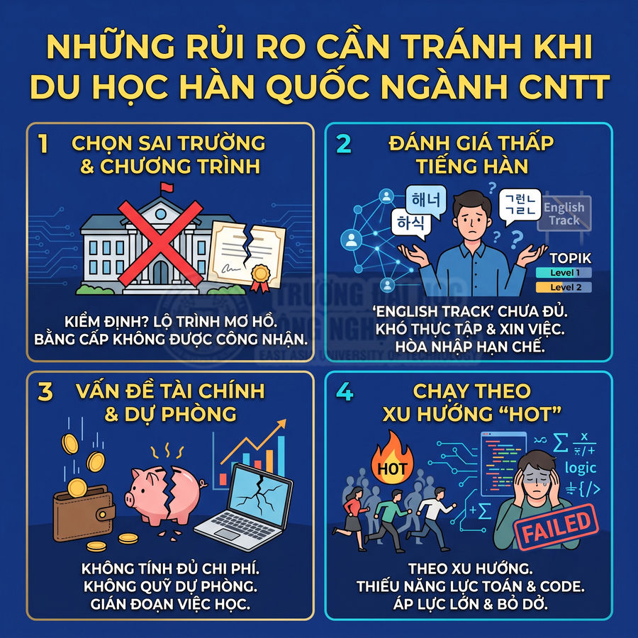 Những rủi ro cần tránh khi du học Hàn Quốc ngành CNTT trình bày dưới dạng infographic 4 mục