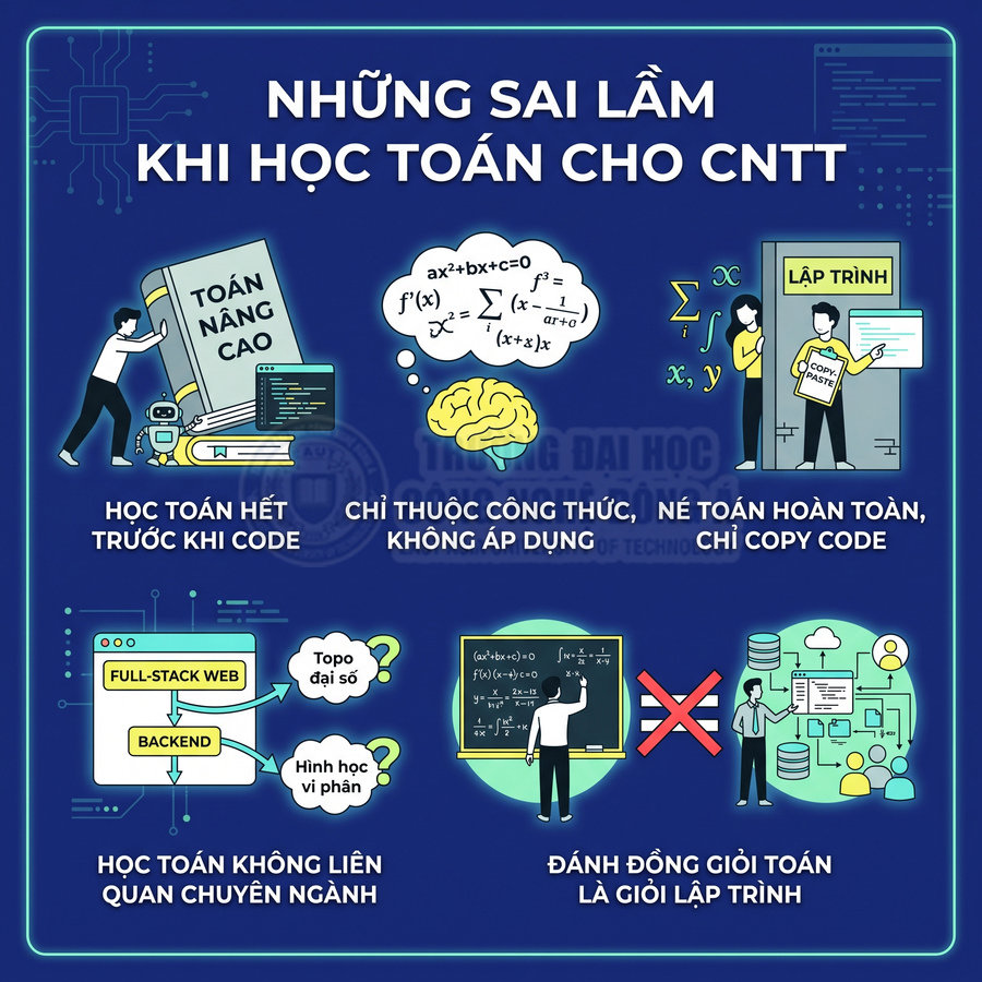 Những sai lầm phổ biến khi học toán cho ngành công nghệ thông tin, minh họa bằng hình vẽ và chữ