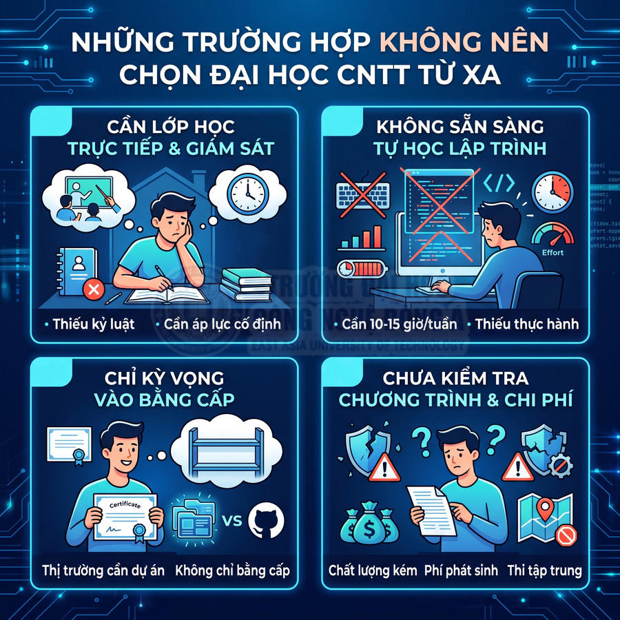 Infographic các trường hợp không nên chọn học đại học công nghệ thông tin từ xa và những lưu ý quan trọng