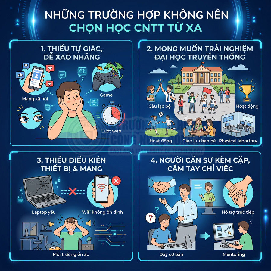 Infographic các trường hợp không nên chọn học công nghệ thông tin từ xa với minh họa sinh viên và thiết bị học online