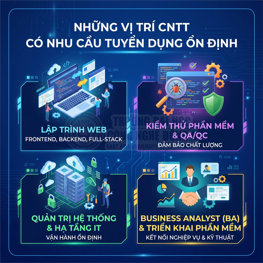 Các vị trí việc làm ngành CNTT: lập trình web, kiểm thử phần mềm, quản trị hệ thống, business analyst