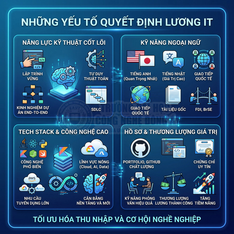 Những yếu tố quyết định lương IT gồm kỹ năng kỹ thuật, ngoại ngữ, tech stack, hồ sơ và thương lượng giá trị