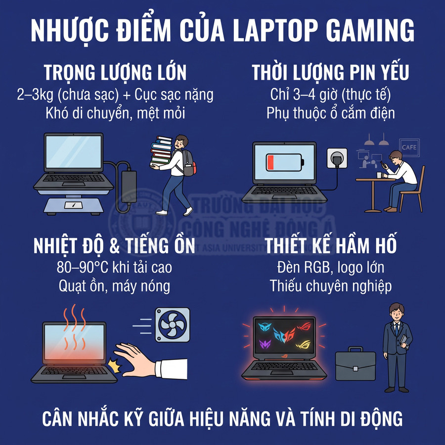 Infographic nhược điểm laptop gaming: nặng, pin yếu, nóng và ồn, thiết kế hầm hố thiếu tính di động
