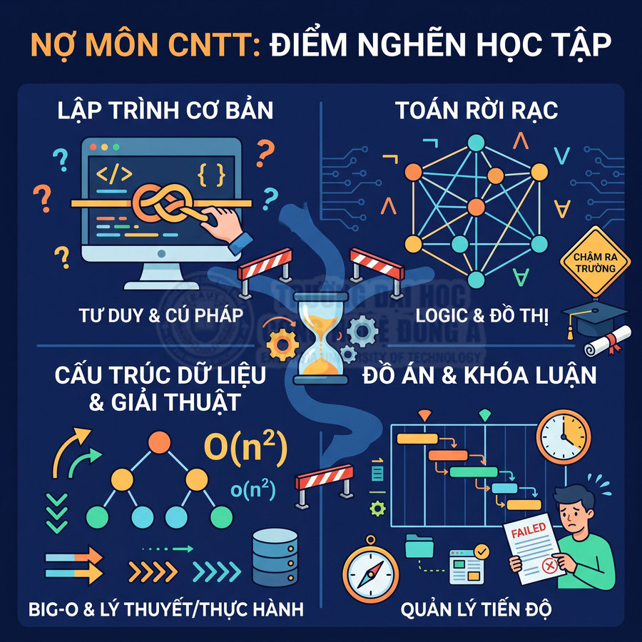 Infographic các môn khó trong ngành CNTT như lập trình cơ bản, toán rời rạc, cấu trúc dữ liệu, đồ án và khóa luận