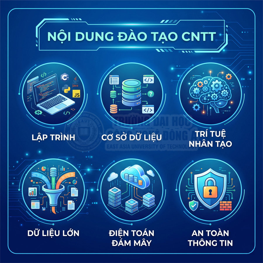 Nội dung đào tạo CNTT với các môn lập trình, cơ sở dữ liệu, trí tuệ nhân tạo, dữ liệu lớn, điện toán đám mây, an toàn thông tin