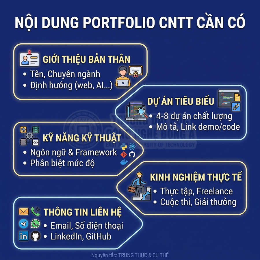 Nội dung cần có trong portfolio CNTT gồm giới thiệu bản thân, kỹ năng, dự án, kinh nghiệm và thông tin liên hệ