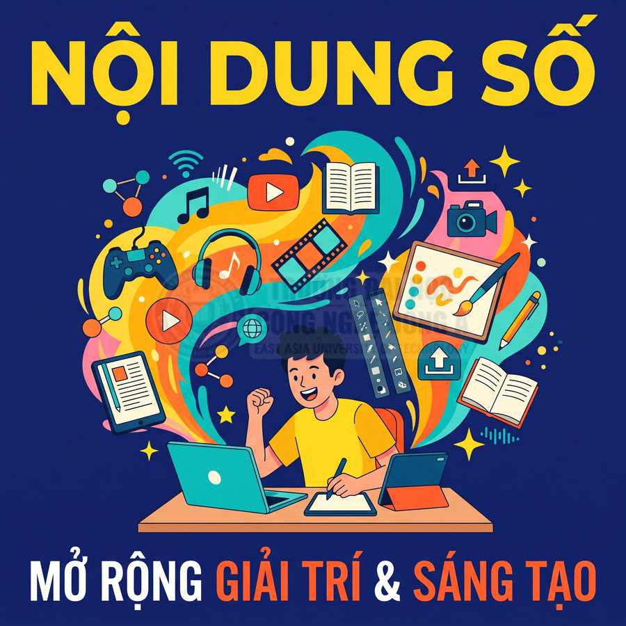 Minh họa nội dung số với học sinh sáng tạo trên laptop, máy tính bảng và các biểu tượng giải trí số