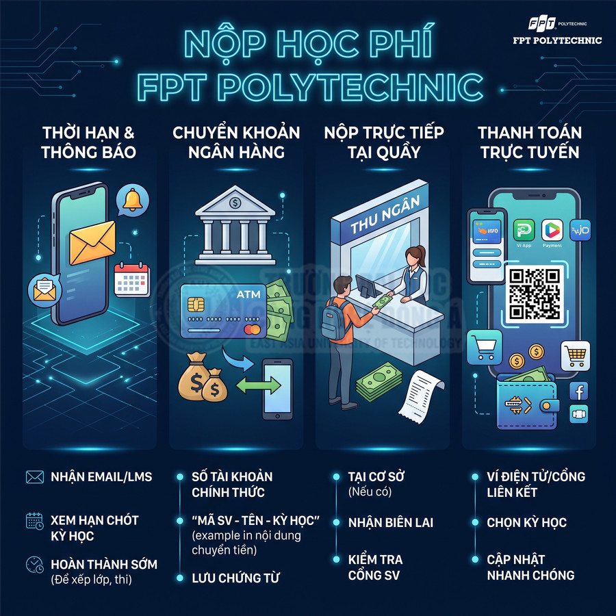 Hướng dẫn các hình thức nộp học phí FPT Polytechnic gồm chuyển khoản, nộp tại quầy và thanh toán trực tuyến