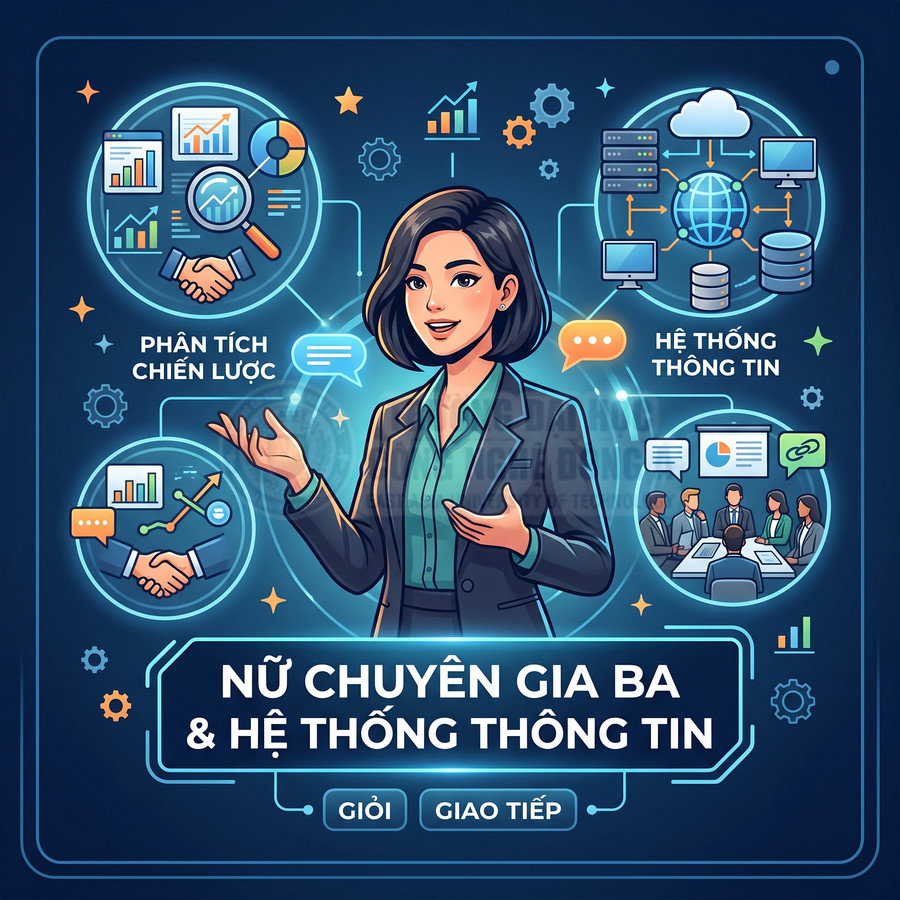 Nữ chuyên gia BA và hệ thống thông tin với các biểu tượng phân tích chiến lược, dữ liệu và họp nhóm