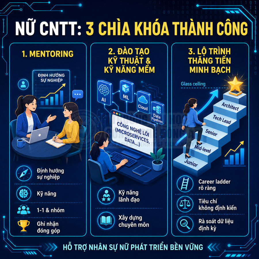 Infographic 3 chìa khóa thành công cho nữ CNTT với mentoring, đào tạo kỹ thuật kỹ năng mềm và lộ trình thăng tiến minh bạch