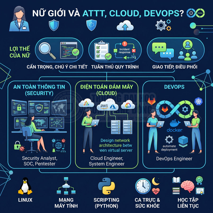 Infographic giới thiệu cơ hội nghề nghiệp ATTT, cloud, DevOps cho nữ và các kỹ năng như Linux, mạng, Python