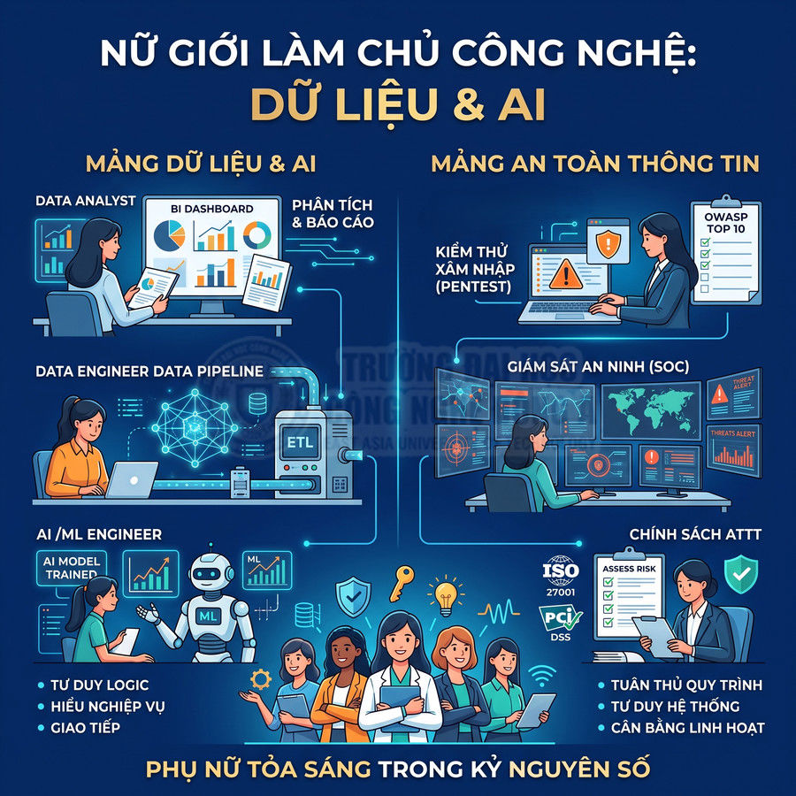 Hình minh họa phụ nữ làm việc trong các lĩnh vực dữ liệu, AI và an toàn thông tin trong kỷ nguyên số