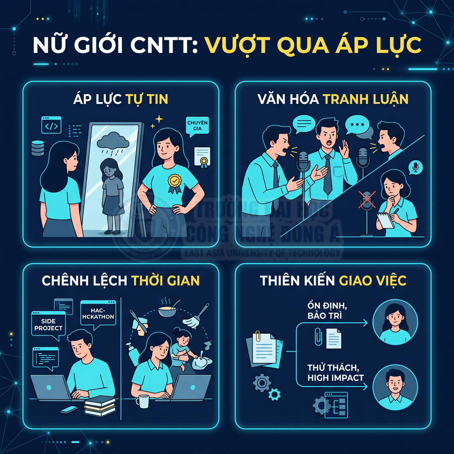 Infographic về nữ giới ngành CNTT với các áp lực tự tin, tranh luận, chênh lệch thời gian và thiên kiến giao việc