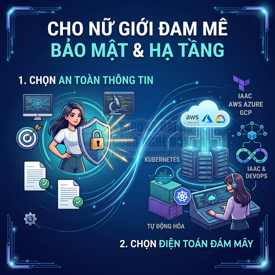 Poster hướng nghiệp cho nữ giới về ngành bảo mật thông tin và điện toán đám mây với biểu tượng AWS Azure GCP
