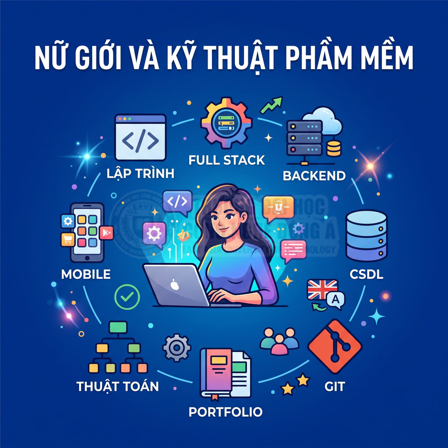 Nữ lập trình viên làm việc với laptop MacBook cùng các biểu tượng full stack, backend, mobile, CSDL, Git và thuật toán