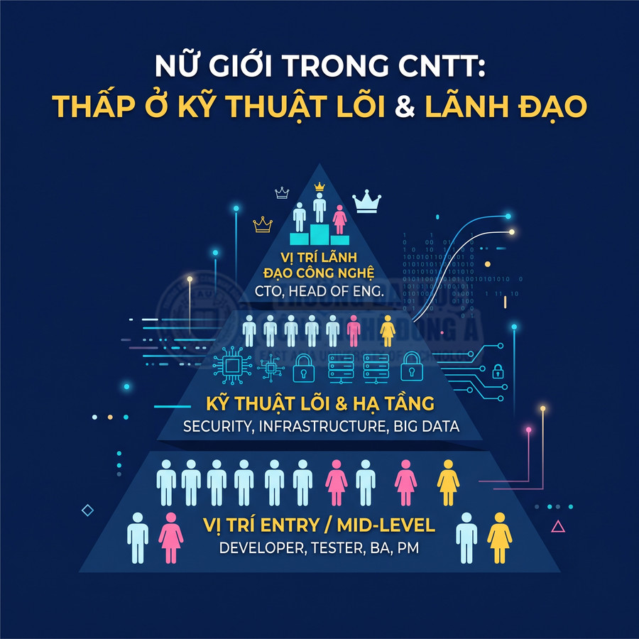 Biểu đồ kim tự tháp thể hiện tỷ lệ phụ nữ thấp ở các vị trí kỹ thuật lõi và lãnh đạo trong ngành CNTT