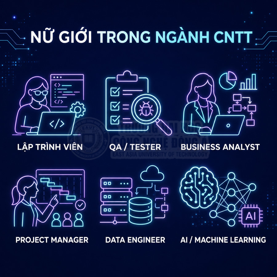 Các vị trí nghề nghiệp cho nữ giới trong ngành công nghệ thông tin như lập trình viên, QA, BA, PM, data engineer, AI