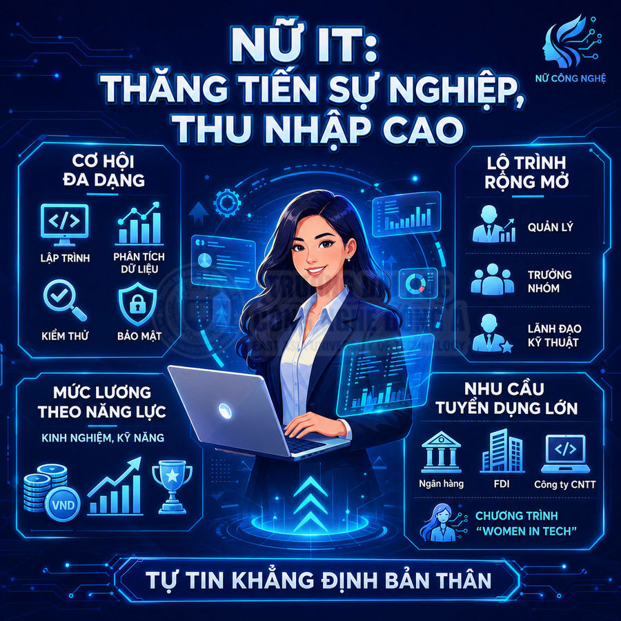 Nữ lập trình viên IT làm việc với laptop và biểu đồ dữ liệu, mô tả cơ hội nghề nghiệp và thu nhập cao trong ngành công nghệ