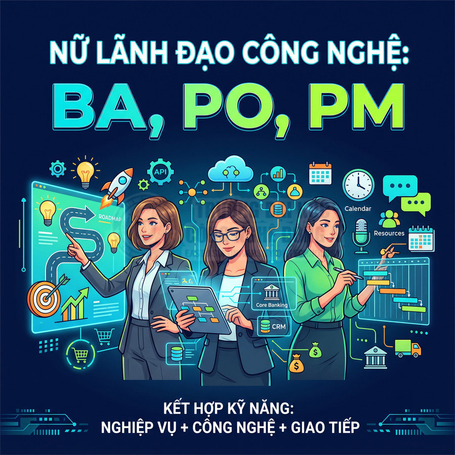 Minh họa ba nữ lãnh đạo công nghệ BA PO PM làm việc với dashboard dữ liệu và biểu tượng công nghệ số