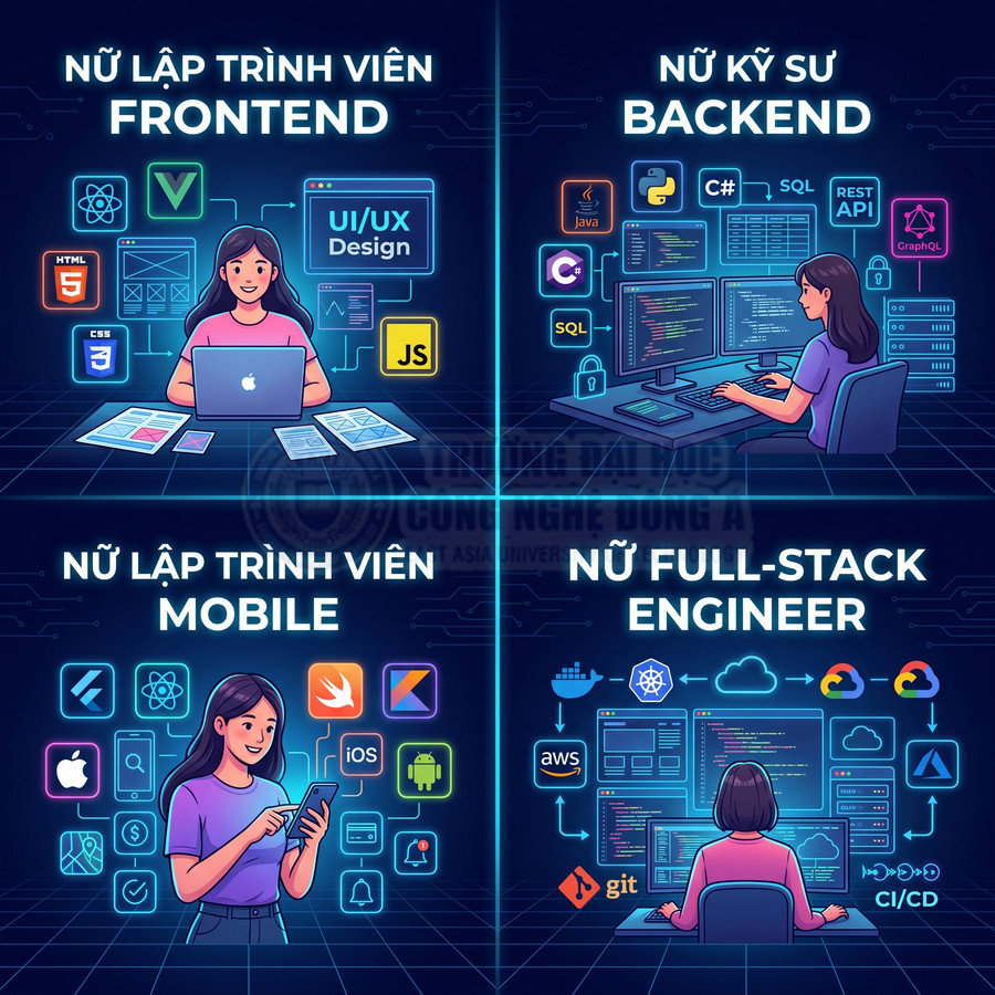 Minh họa các nữ lập trình viên frontend, backend, mobile và full stack với biểu tượng công nghệ xung quanh