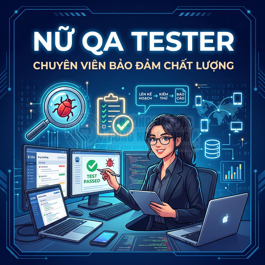 Nữ QA tester làm việc với nhiều màn hình máy tính, kiểm thử phần mềm và theo dõi lỗi bug