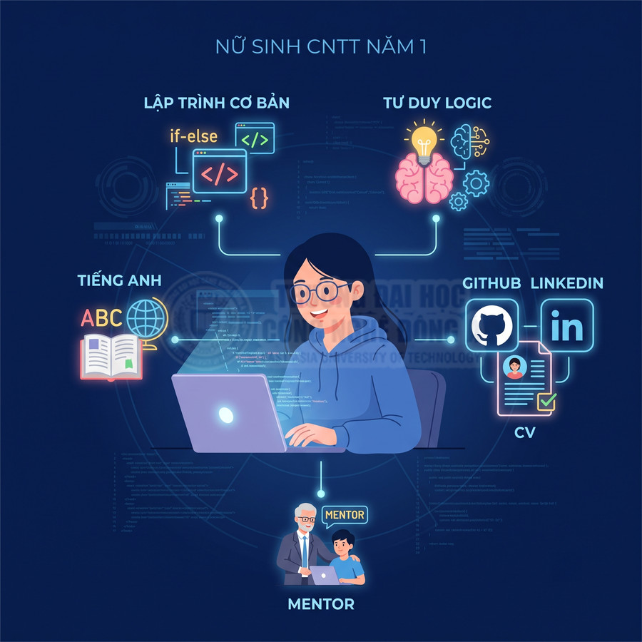 Nữ sinh công nghệ thông tin năm nhất học lập trình cơ bản, tư duy logic, tiếng Anh và xây dựng hồ sơ GitHub LinkedIn